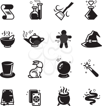 Magical vector icons set. Magic and trick, mystery and performance illustration