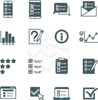 Quiz and test list, voting button, survey, questionnaire vector icons set. Checklist and voting, feedback and think illustration