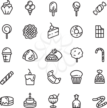 Desserts, sweets, ice cream, muffin, cakes, cupcake thin line icons. Set of desserts croissant candy and snack bakery illustration