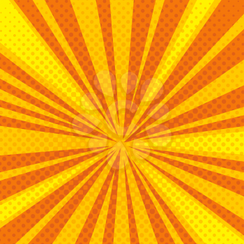 Pop art cartoon retro blast, sunburst vector background with halftone dotted texture. Bright light strip beam cartoon illustration