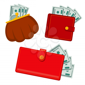 Wallet with money, green dollars. earnings vector flat icons. Finance cash earning illustration