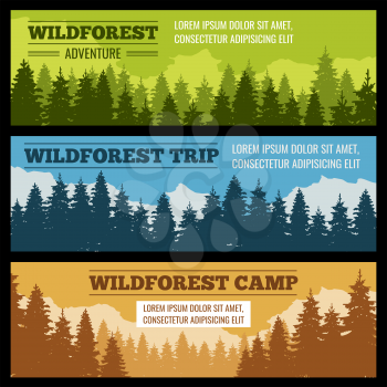 Journey, camping vector banners set with pine tree silhouettes. Poster or card with evergreen forest or park illustration