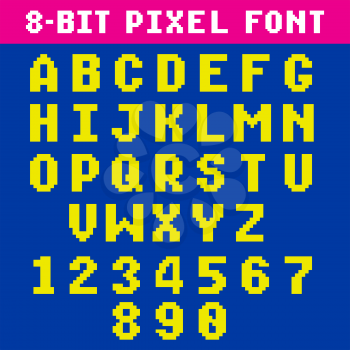 Retro video game pixel letters and numbers font, digital alphabet, type. Pixel alphabet type, numeral and latin letters pixel illustration
