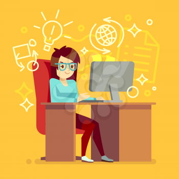 Creative girl work at home office with computer vector illustration. Woman freelancer or secretary character