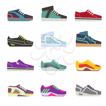 Sportwear shoes, different footwear sport shoes flat vector set. Colored running shoes illustration