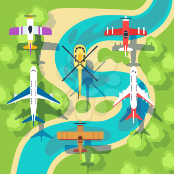 Top view planes and helicopters above landscape vector illustration. Air transport plane and helicopter view