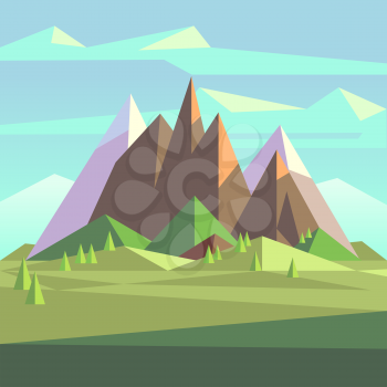 Snow rock mountains landscape in low poly vector style. Landscape with snow mountain, nature polygon outdoor landscape illustration