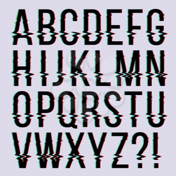Glitch style, old television screen distortion effect english vector type, font, typeface letters. Alphabet with noise on screen illustration