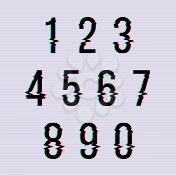 Frozen glitch screen distortion vector numbers. Set of numbers distorted, numeral order illustration