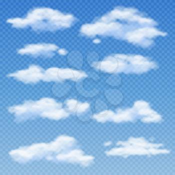 White clouds isolated on transparent blue background vector illustration. Weather with sky bright and cloudscape