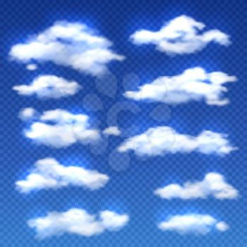 Realistic vector clouds isolated on checkered background. Set of clouds in blue sky, weather with white clouds illustration