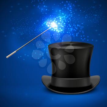 Magic wand and vintage top hat vector entertainment christmas background. Magician wand and magic black hat illustration
