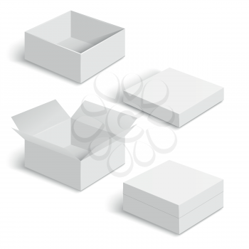 White square box vector templates set isolated on white background. Paper container for product and pack cardboard illustration