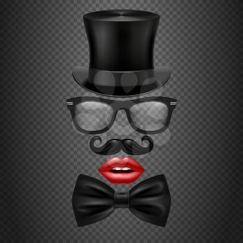 Mustache, bow tie, glasses, red girl lips and cylinder hat. realistic vector hipster photo booth props. Accessory gentleman mister for photo booth illustration