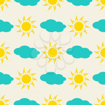 Sun and clouds in the sky seamless background. Summer day pattern, vector illustration