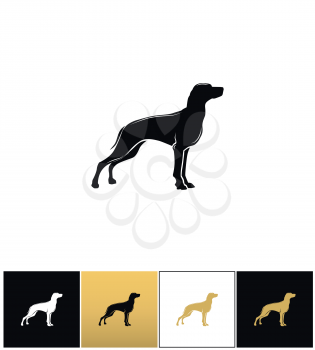 Dog silhouette black vector icon. Dog silhouette black pictograph on black, white and gold background