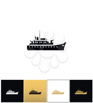 Navy military warship silhouette vector icon. Navy military warship silhouette pictograph on black, white and gold background