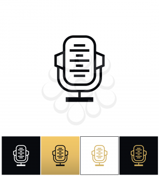 Retro microphone or stage audio record, news studio vector icon. Retro microphone or stage audio record, news studio pictograph on black, white and gold backgrounds