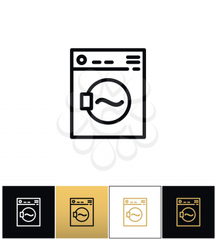 Washing machine sign or laundry rotating washer vector icons on black, white and gold backgrounds