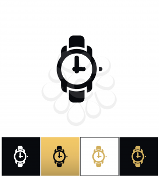 Wrist watch sign or wristwatch vector icons on black, white and gold backgrounds