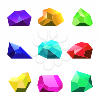 Multicolor vector crystals white background for mobile game. Cartoon colored stone illustration