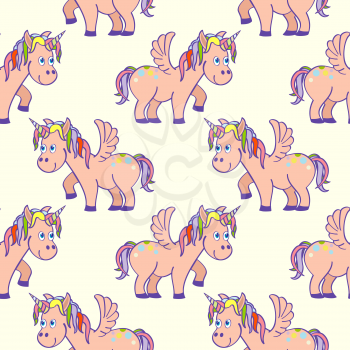 Pastel colored hand drawn unicorns seamless pattern. Magic pony with horn illustration