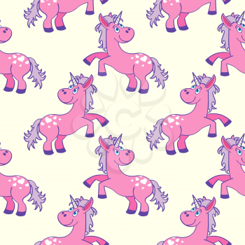 Pastel colored hand drawn unicorns seamless pattern. Background fantasy pony illustration