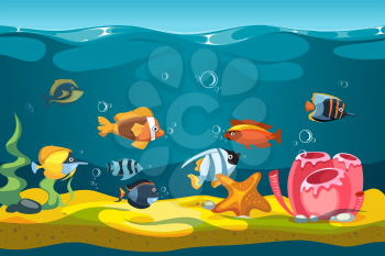 Underwater sea with fishes and rocks vector background for mobile phone game. Interface game with character colored fish illustration