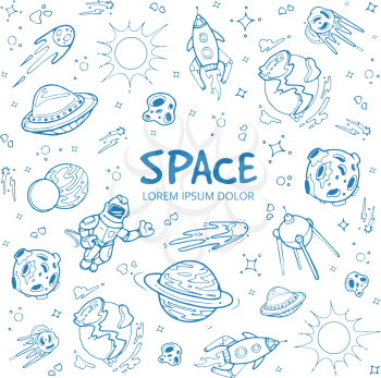 Abstract space background with planets, stars, spaceships and universe objects. hand drawn doodles vector illustration. Object in space planet rocket and spaceship
