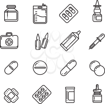 Pills, drugs, pharmacy medicine, medication line vector icons. Medication capsule vitamin, chemical tablet in bottle illustration