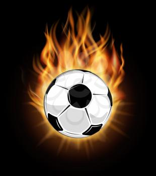 Burning soccer ball isolated over black background. Ball in fire and football goal, vector illustration