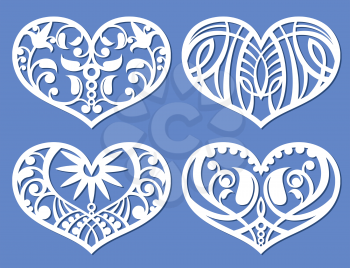 Lacy hearts, laser cutting fretwork shapes, plotter cutout love vector symbols. Heart with floral pattern, illustration of decoration heart love