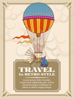 Air hot balloons in sky vector background. Freedom vintage transport balloon, illustration of card with air hot balloon