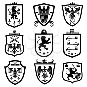 Royal shields, nobility heraldry coat of arms vector set. Shield with majestic animals, illustration of shields heraldry