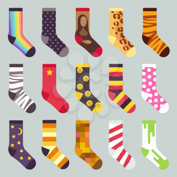 Textile colorful child warm socks vector. Set of sock with colored pattern, illustration of wool socks