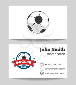 Soccer coach business card template with logo. Soccer sport game. Vector illustration