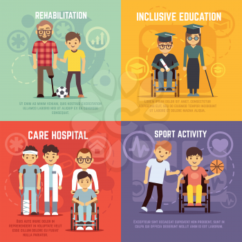 Disabled person care vector flat concepts set. Inclusive education and sport active for disabled person, rehabilitation disability illustration