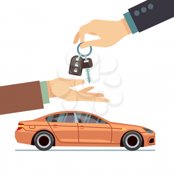 Car seller hand giving key to buyer. Buying or renting car business vector concept. Illustration of sale car purchase