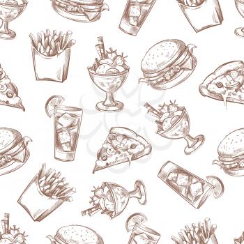 Fast food vector seamless background, menu pattern for your packing design. Breakfast burger and drink illustration