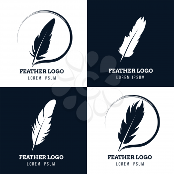 Feather, elegant pen, law firm, lawyer, writer literary vector logos set. Emblem with fluffy plume silhouette illustration