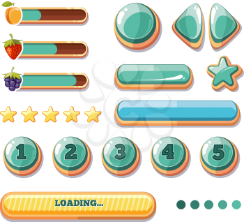 Progress bars, buttons, boosters, icons for computer games user interface. Cartoon gui for play. Vector illustration collection