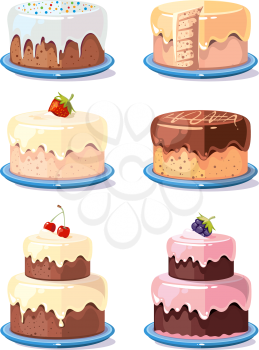 Cream cake tasty cakes vector set in cartoon style. Birthday cake with chocolate and fruits illustration