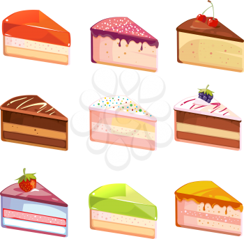 Sweet delicious cake slices pieces vector icons. Dessert of piece, snack with chocolate cream illustration