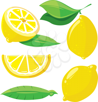 Fresh lemons with leaves, lemon slice isolated on white, vector set in cartoon style