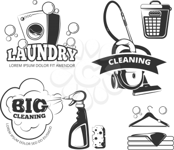 Retro cleaning and laundry services labels, emblems, logos, badges set. Clean and wash, basket and sponge, vector illustration