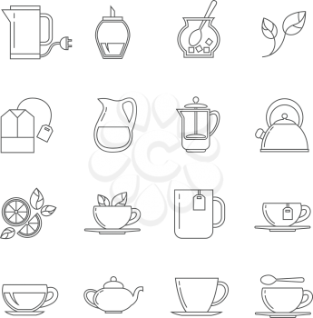 Tea thin line vector icons set. Breakfast beverage, teacup with sugar and lemon illustration