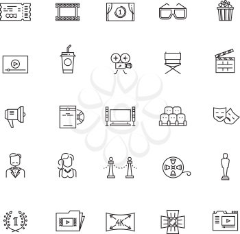 Cinema, movie, film, 3d television vector thin line icons. Concept cinematography and video production illustration