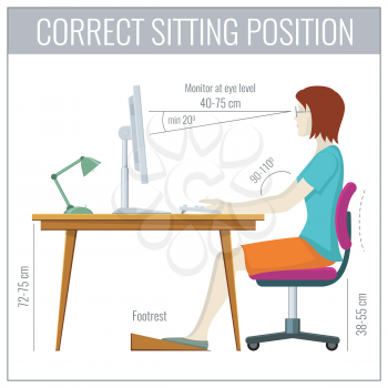Correct spine sitting posture at computer health prevention vector concept. Position for health back illustration