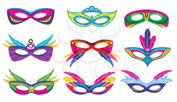 Isolated color mardi gras masks vector collection. Masquerade and carnival party illustration