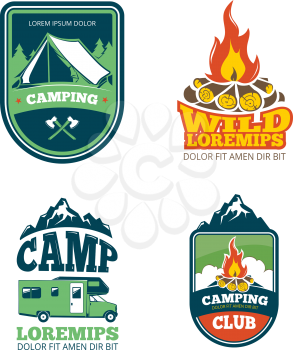 Outdoor adventure camp, hiking camping vector labels, emblems, logos, badges. Travel with campfire, logotype of camping club illustration